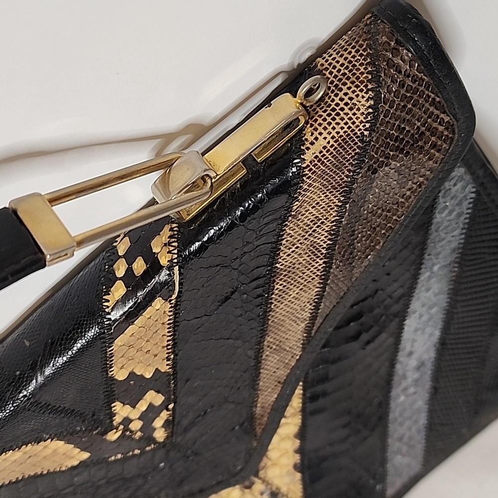 Vintage 1970s Python Snake Lizard Patchwork Clutc… - image 2